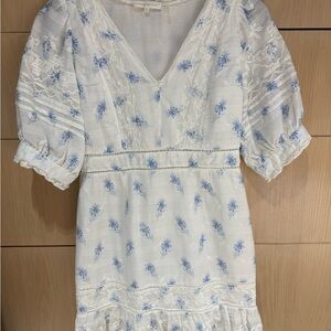 LoveShackFancy White and Blue Ruffled Tiered Midi Dress